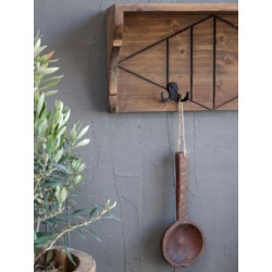 Hnědá antik dřevěná polička se 4 háčky Hooks - 91*20*23 cm