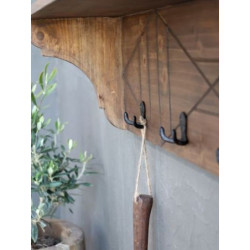 Hnědá antik dřevěná polička se 4 háčky Hooks - 91*20*23 cm