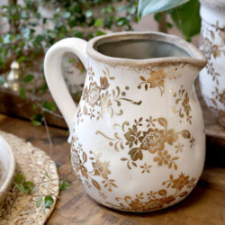 Béžový baňatý keramický džbán se zlatými květy Melun gold - 13*16 cm