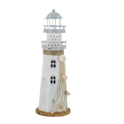 Bílo-modrá kovová dekorace maják s Led Lighthouse - Ø 10*28 cm