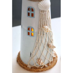 Bílo-modrá kovová dekorace maják s Led Lighthouse - Ø 10*28 cm