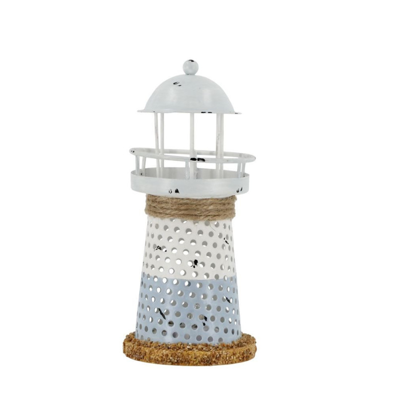Bílo-modrá kovová dekorace maják s Led Lighthouse - Ø 6,5*15 cm