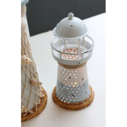 Bílo-modrá kovová dekorace maják s Led Lighthouse - Ø 6,5*15 cm