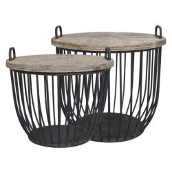 2ks černý antik kovový coffee stolek s dřevěnou deskou Charlotte - Ø57*48 cm