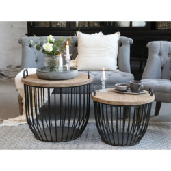 2ks černý antik kovový coffee stolek s dřevěnou deskou Charlotte - Ø57*48 cm