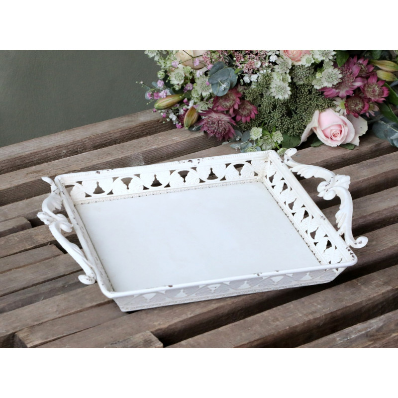 Krémový dekorační kovový podnos s uchy Hallia - 22*29*5cm